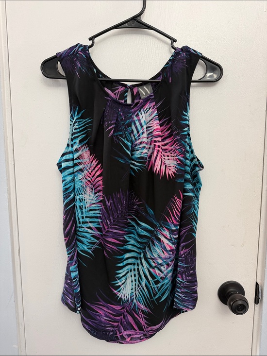Worthington Tops - Worthington Black Sleeveless Top with Teal, Purple & Pink Leaf Print
